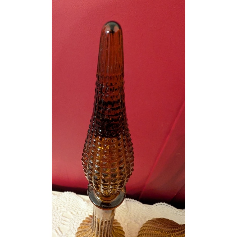 2 Vintage MCM Empoli Amber Diamond Point Glass Genie Bottle Decanter 22" Italy - Picture 10 of 16